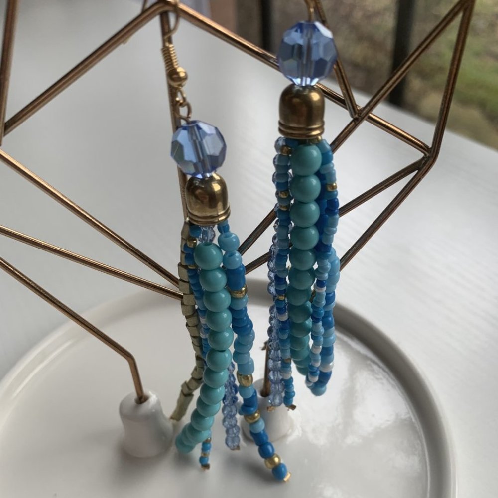 Blue Beaded Tassel Earring